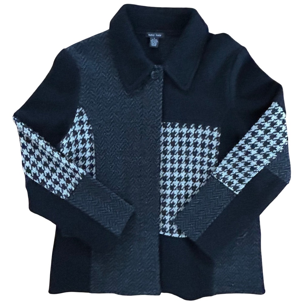 Katie Todd Women 100% Wool Patchwork Jacket Black Grey Houndstooth Herringbone M